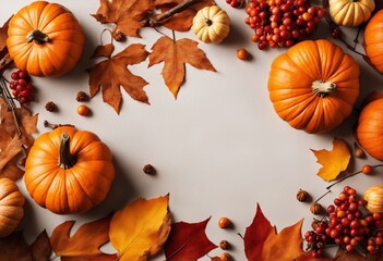 Naklejka na ściany i meble Autumn composition. Dried leaves, pumpkins, flowers, rowan berries on white background. Autumn, fall, halloween, thanksgiving day concept. Flat lay, top view, copy space