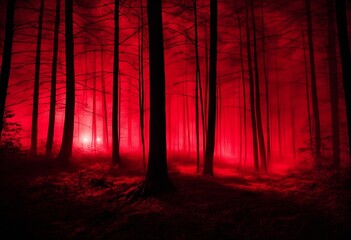 horror forest scene, red light in scary night landscape