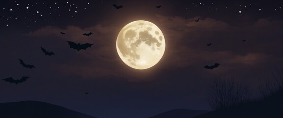 Fototapeta na wymiar Halloween Night - Spooky Moon In Cloudy Sky With Bats 