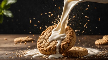 Tasty cookie with milk splash, Generated with AI