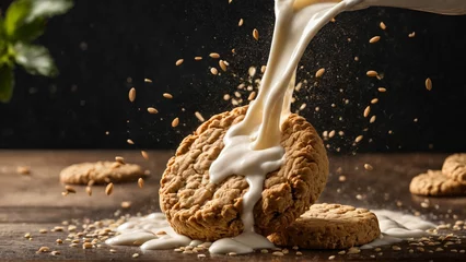 Foto op Aluminium Tasty cookie with milk splash, Generated with AI © Final Version Studio