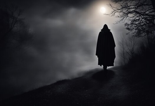 Silhouette of Grim Reaper over dark gray background with copy space