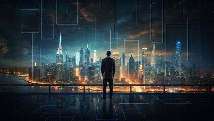 Back view of young businessman looking at night cityscape and digital interface