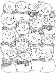 Cheerful Snowmen. Winter, snow,  hats, carrot. Children. Merry Christmas, Happy New Year. Adult Coloring Book. Black and white. 