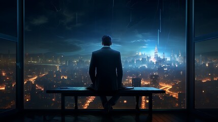 Fototapeta premium Businessman looking at night city and skyscrapers. Mixed media