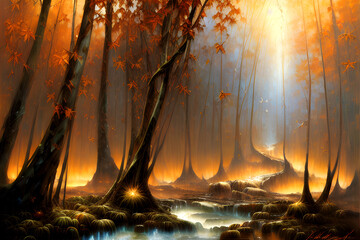 Jesienny krajobraz leśny. Generative AI - obrazy, fototapety, plakaty