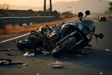 Motorcycle accident on a side of the road, outside of town, destroyed motor
