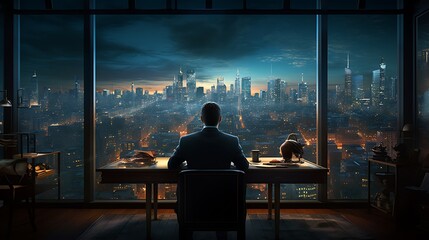 Fototapeta na wymiar Back view of businessman sitting at table and looking at city at night