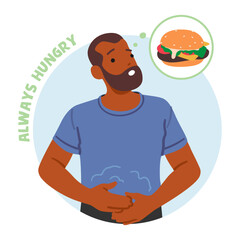An illustration of a hungry African American man holding his growling stomach and dreaming of a delicious cheeseburger with the text always hungry.