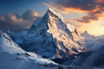 Magical Mountain Landscape, A Winter Wonderland of Majestic Peaks and Icy Serenity in Vibrant Hues