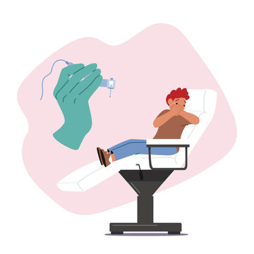 Illustration of a scared little boy sitting in a dental chair covering his mouth while a giant hand holds a dental drill.