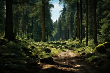 Obraz premium Magical Forest Landscape, Exploring the Beauty of Nature's Haven - Verdant Trees, Babbling Rivers, and Sunlit Paths