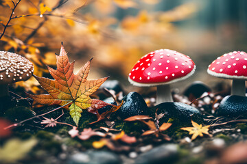 Jesienny czerwony muchomor. Generative AI - obrazy, fototapety, plakaty