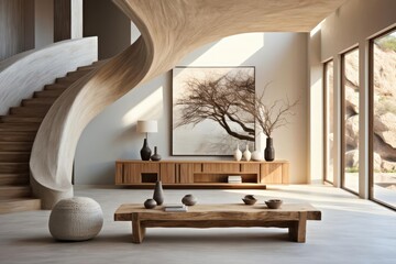modern minimalist boho entrance hall with light natural materials with modern art on the walls