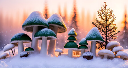Zima, abstrakcyjny krajobraz z grzybami. Generative AI - obrazy, fototapety, plakaty