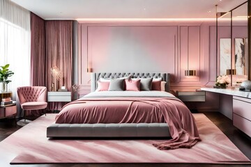 pink interior of bedrooA cozy pink and grey bedroom interior with a table, chair, and bed