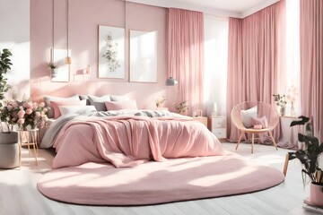 bedroom in room, A cozy pink and grey bedroom interior with a table, chair, and bed