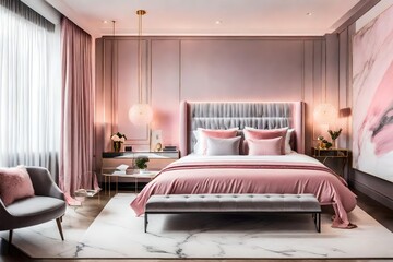 interior of bedroom with bed and curtains, A cozy pink and grey bedroom interior with a table, chair, and bed