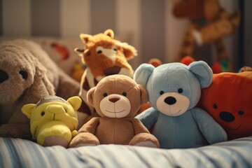 Child's crib, bed full of stuffed animals and teddy bear, cozy atmosphere