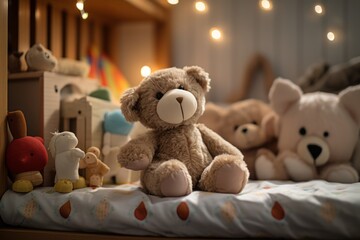 Child's crib, bed full of stuffed animals and teddy bear, cozy atmosphere - obrazy, fototapety, plakaty