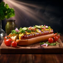 A hot dog sitting on a board