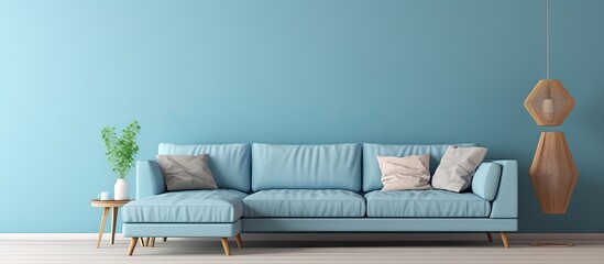 Cold color scheme cozy sky blue sofa with leg rest in a living room a cozy spot With copyspace for text