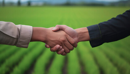 handshake with a green farm background
