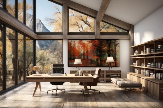 modern minimalist home study with light natural materials with modern art on the walls