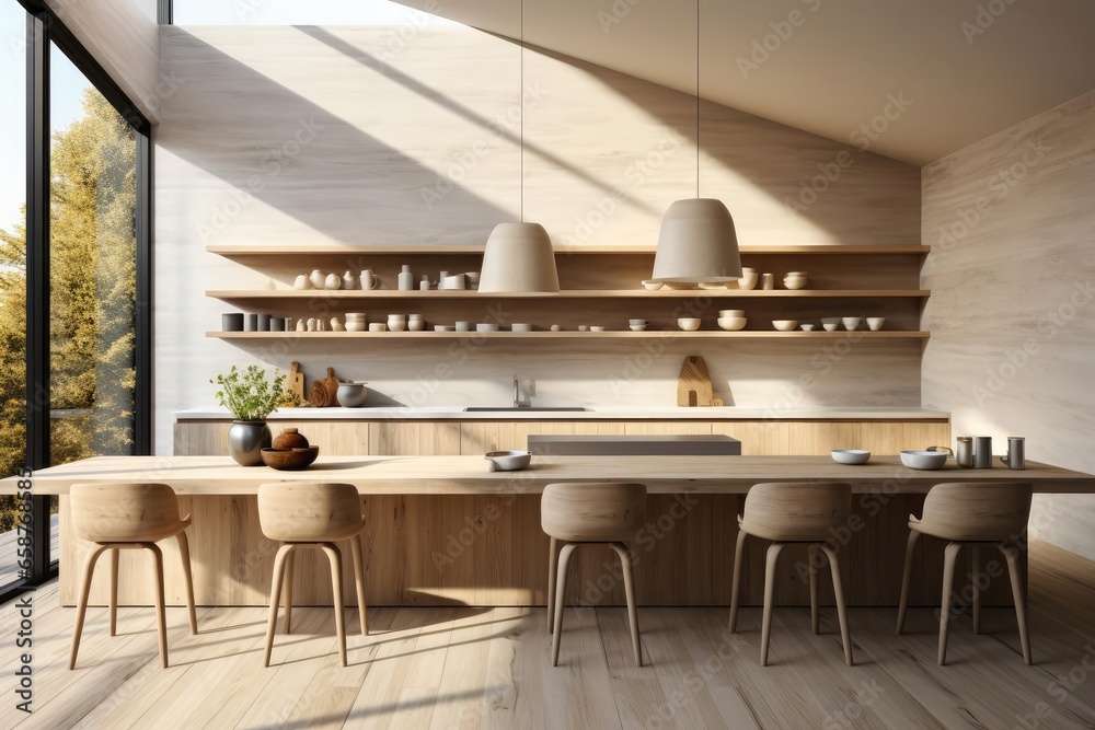 Wall mural modern minimalist kitchen with light natural materials with modern art on the walls