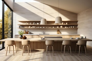 modern minimalist kitchen with light natural materials with modern art on the walls - obrazy, fototapety, plakaty