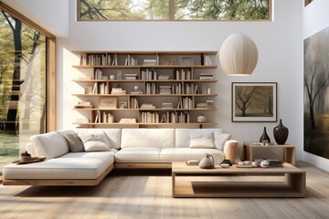 modern minimalist library with light natural materials with modern art on the walls