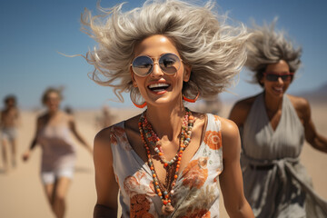 Portrait of laughing woman in having fun, dancing on the beach with friends during summer fest by the sea. Summer vibes concept