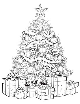A black and white drawing of a Christmas tree
with a star and gifts