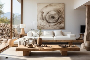 modern minimalist living room with light natural materials with modern art on the walls