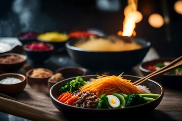?The camera is moving closer to show a yummy and well-liked Korean meal called Bibimbap. Sometimes it is hard to understand things and figure out why they happen.. AI Generated - obrazy, fototapety, plakaty