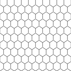 Honeycomb wallpaper. Repeated white interlocking polygons tessellation on black background. Seamless surface pattern design with regular hexagons. Grid motif. Digital paper for web designing. Vector.