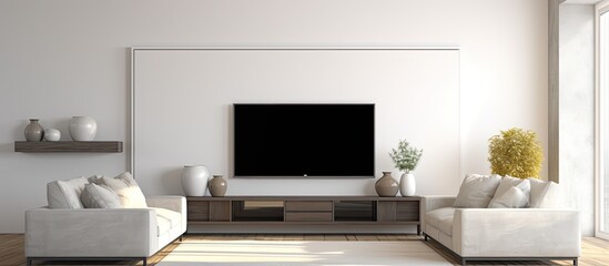 A room with two couches and a big TV on the wall With copyspace for text