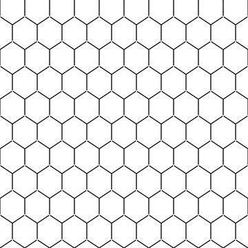 Honeycomb wallpaper. Repeated white interlocking polygons tessellation on black background. Seamless surface pattern design with regular hexagons. Grid motif. Digital paper for web designing. Vector.
