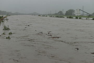 Strong flood at the rhine river in Diepoldsau in Switzerland
