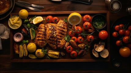 An overhead shot capturing the artistry of grilled vegetables and juicy chicken on a rustic wooden tabletop, creating a visual feast