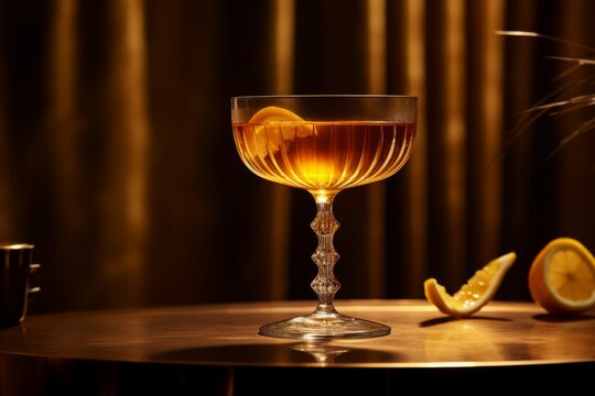 An Elegant Sidecar Cocktail Served on a Vintage Bar Counter, Garnished with a Lemon Twist, Illuminated by Warm Ambient Lighting