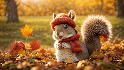 Naklejka premium Cute cartoon squirrel in a clearing with autumn leaves