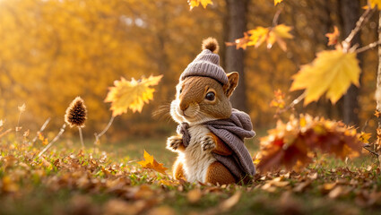 Obraz premium Cute cartoon squirrel in a clearing with autumn leaves