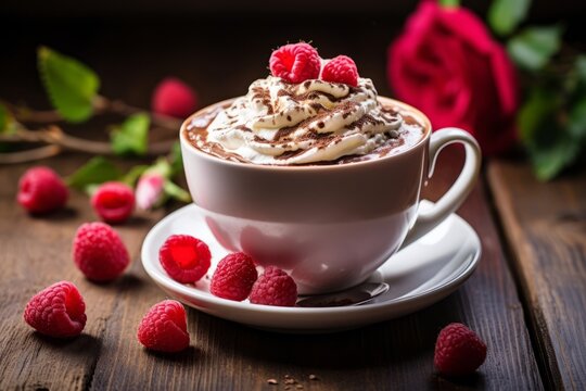 A Delightful Cup of Raspberry Mocha Topped with Whipped Cream and a Fresh Raspberry, Served on a Rustic Wooden Table Illuminated by Soft Morning Light