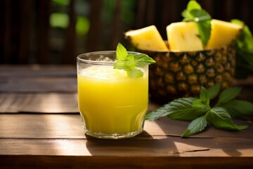 Fototapeta premium A Refreshing Glass of Pineapple Basil Juice Set on a Rustic Wooden Table, Bathed in the Warm Glow of Morning Sunlight