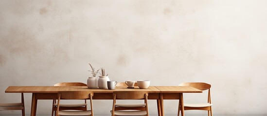 Dining table chairs and empty wall for customization With copyspace for text - obrazy, fototapety, plakaty