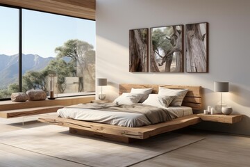 modern minimalist scandinavian master bedroom with light natural materials with modern art on the walls