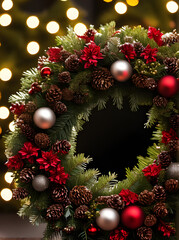 Fototapeta na wymiar Cozy wreath closeup dark neutral detailed cinematic.
