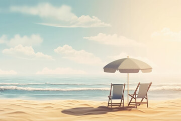 Bask in the beauty of this tropical beach setting with two chairs and an umbrella is AI Generative.