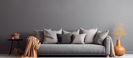 Detail of a living room with a gray sofa cushions and throw With copyspace for text